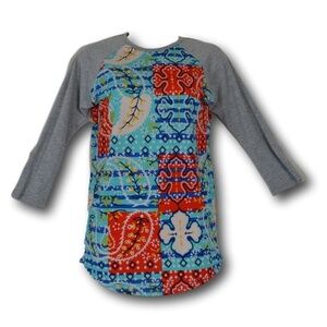LuLaRoe Randy T-Shirt XXS Women’s Paisley Patch Print Gray Sleeves Rounded Hem